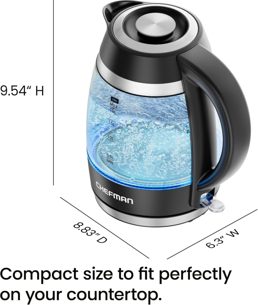 Discover the chefman custom-temp 1.8l electric kettle. This 1500W glass hot water boiler features a removable lid, auto shut-off, and boil-dry protection