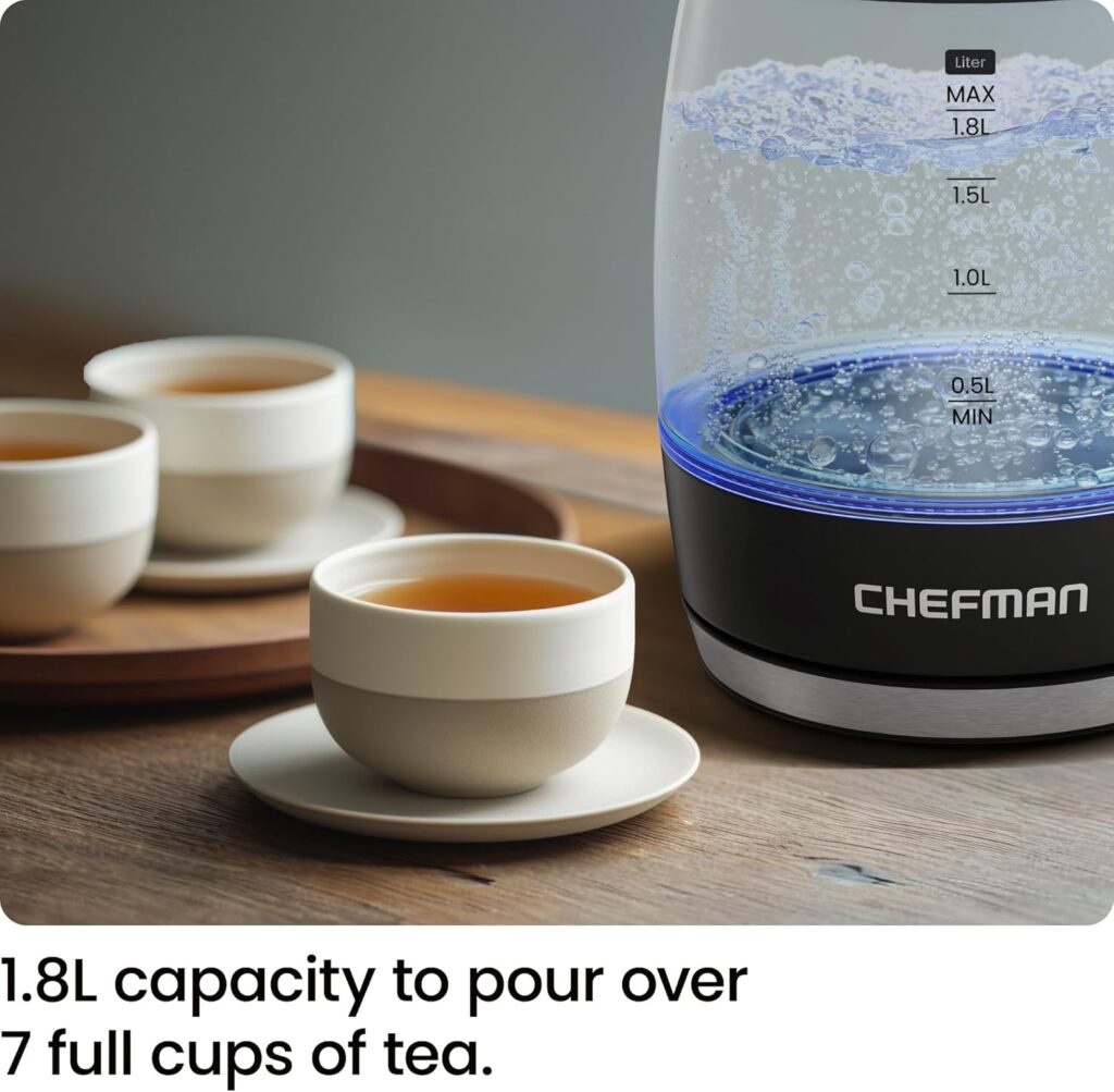 Discover the chefman custom-temp 1.8l electric kettle. This 1500W glass hot water boiler features a removable lid, auto shut-off, and boil-dry protection
