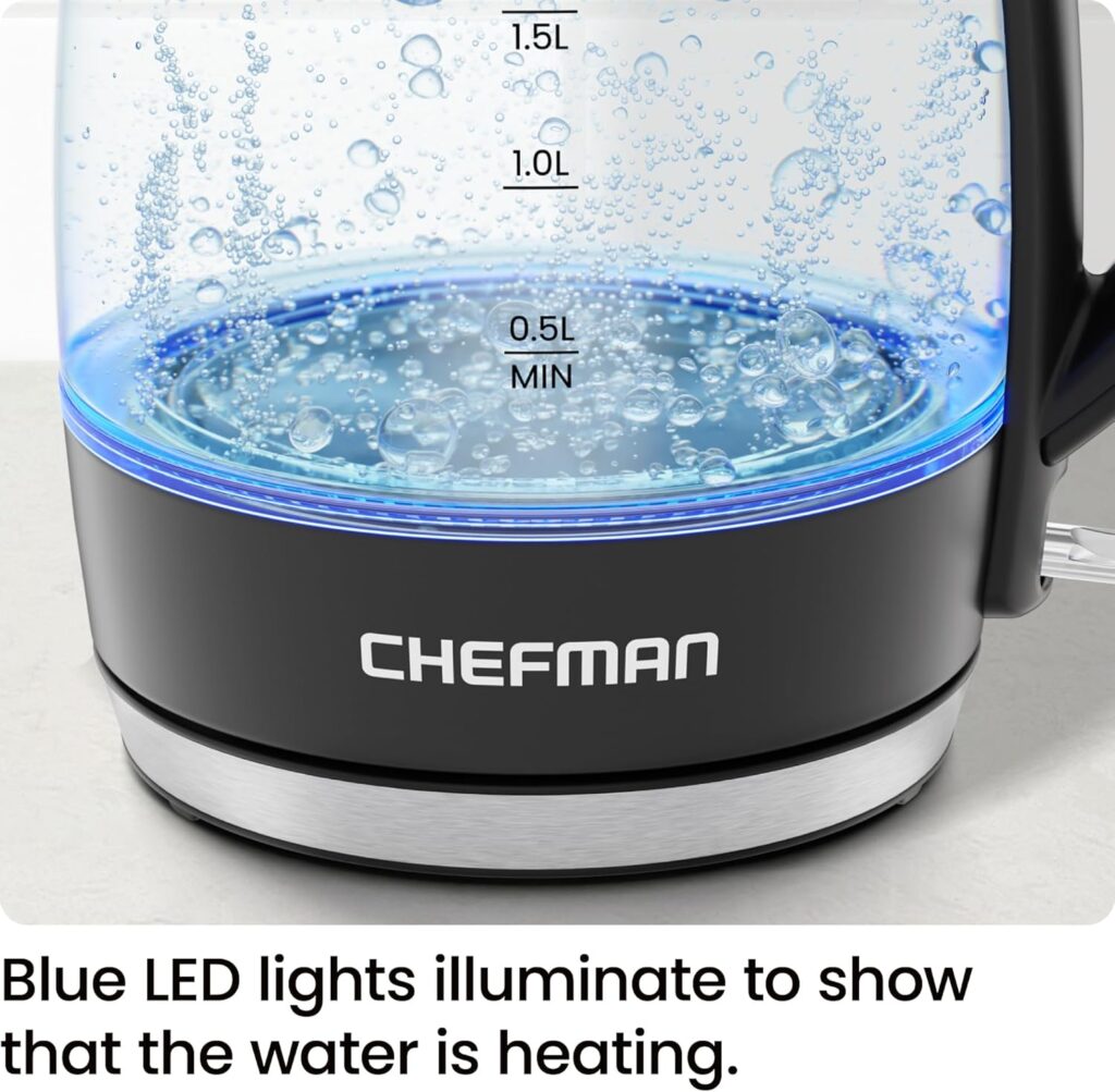 Discover the chefman custom-temp 1.8l electric kettle. This 1500W glass hot water boiler features a removable lid, auto shut-off, and boil-dry protection