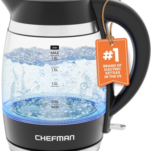 Discover the chefman custom-temp 1.8l electric kettle. This 1500W glass hot water boiler features a removable lid, auto shut-off, and boil-dry protection